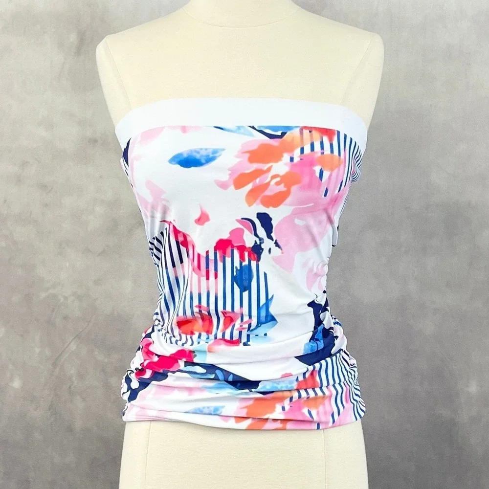 Floral Striped Tube Top Womens‎ Small Stretch Ruched Y2K Indie Tropical Resort